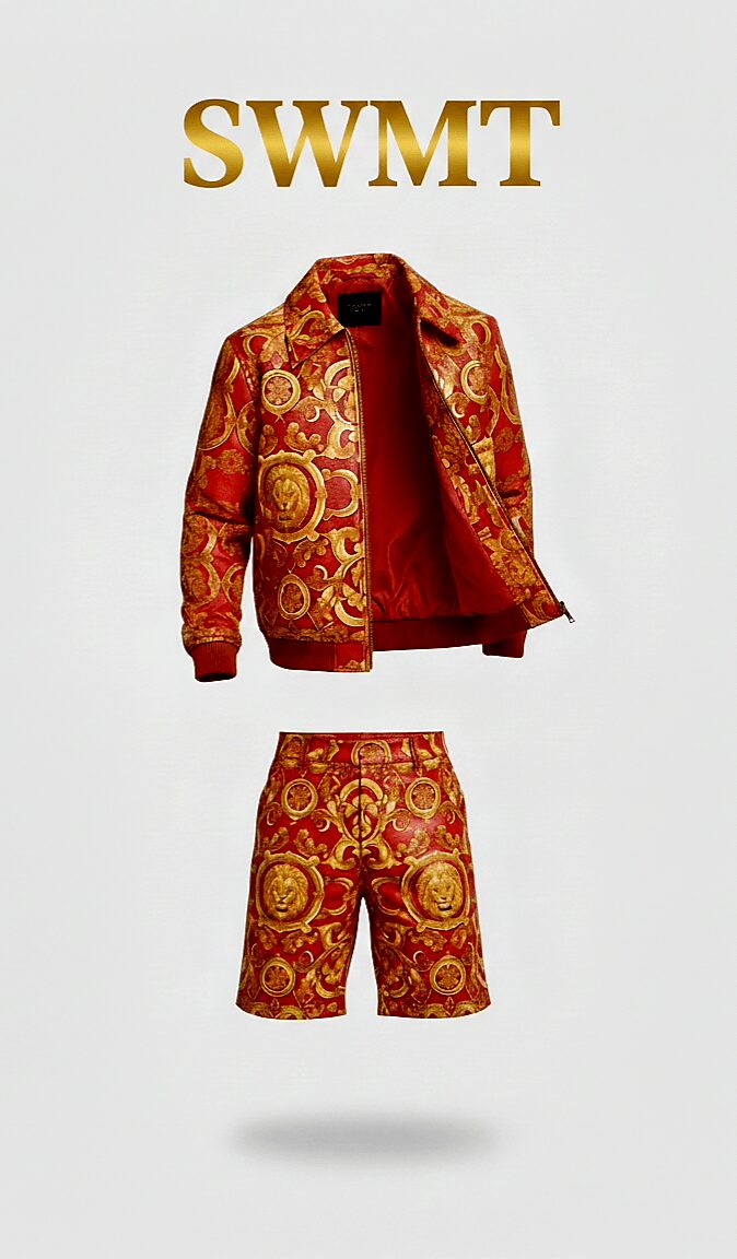 Red and gold patterned jacket and shorts with the text 'SWMT' above, no visible person or face.