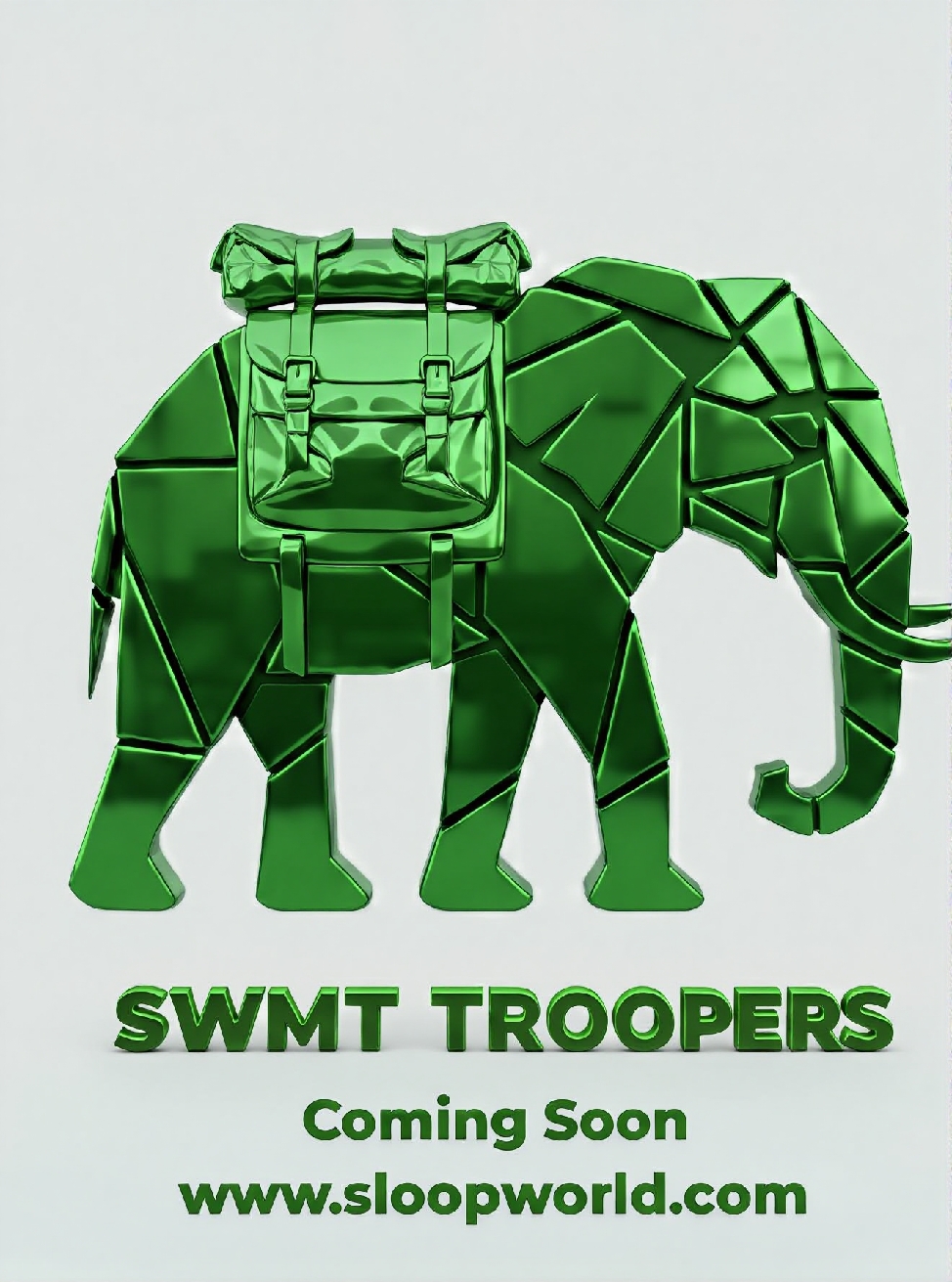 Green geometric elephant with a backpack, promotional text for SWMT Troopers and website link.