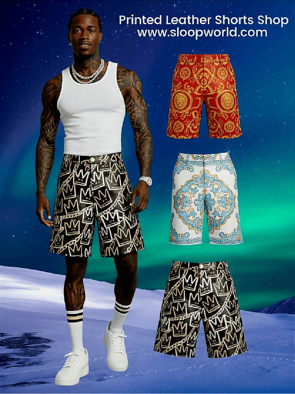 Man wearing white tank top, patterned shorts, white sneakers, and striped socks, standing outdoors at night.