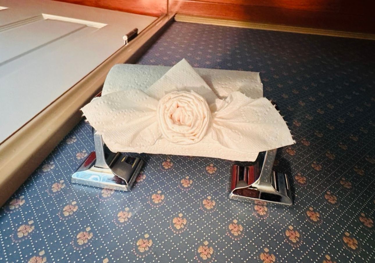 A rolled paper towel on a small black and silver scale on a patterned carpeted floor.