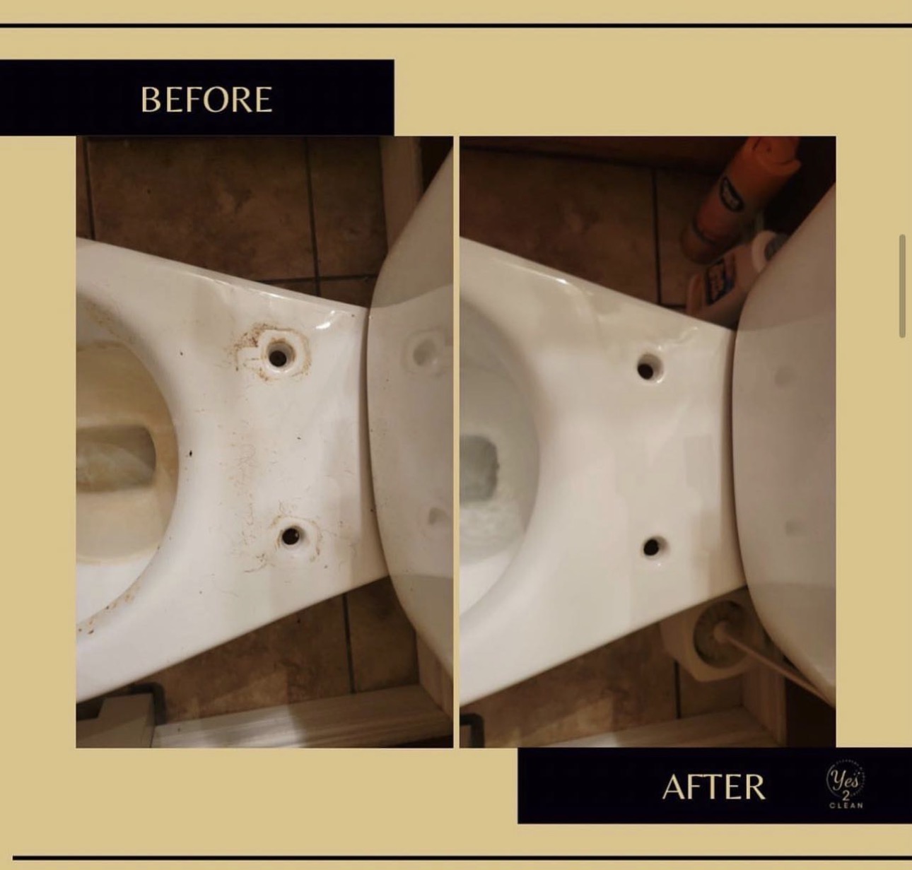 Comparison of a toilet seat before and after cleaning, showing a cleaner surface in the after image.