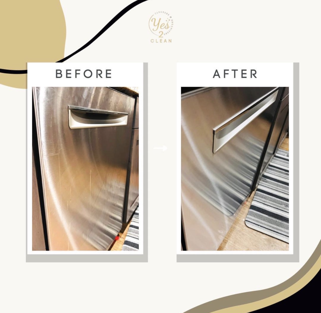 Comparison of a stainless steel dishwasher before and after cleaning, showing a shiny, streak-free surface and a clean handle.