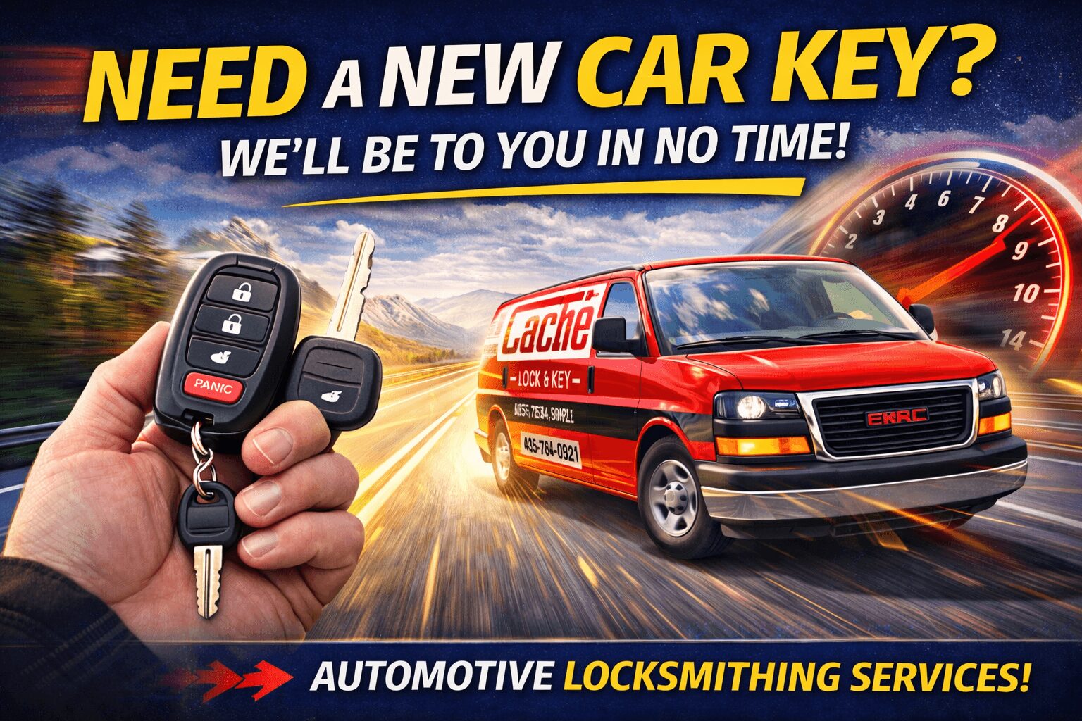 Hand holding car key fob with a red and black van in motion behind, speedometer in background, text about car key and locksmith services.