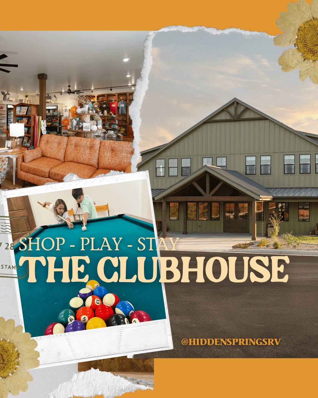Collage of images including a cozy indoor space, a large building, and a pool table with pool balls, with decorative flowers.