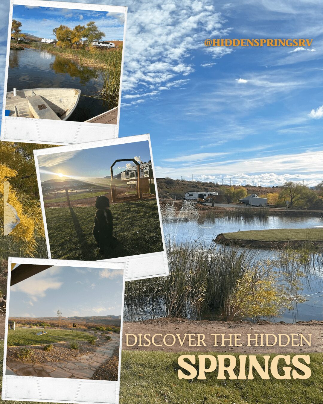 Scenic view of a lake with trees and sky, three smaller photos of water, boat, and landscape, and text about springs.