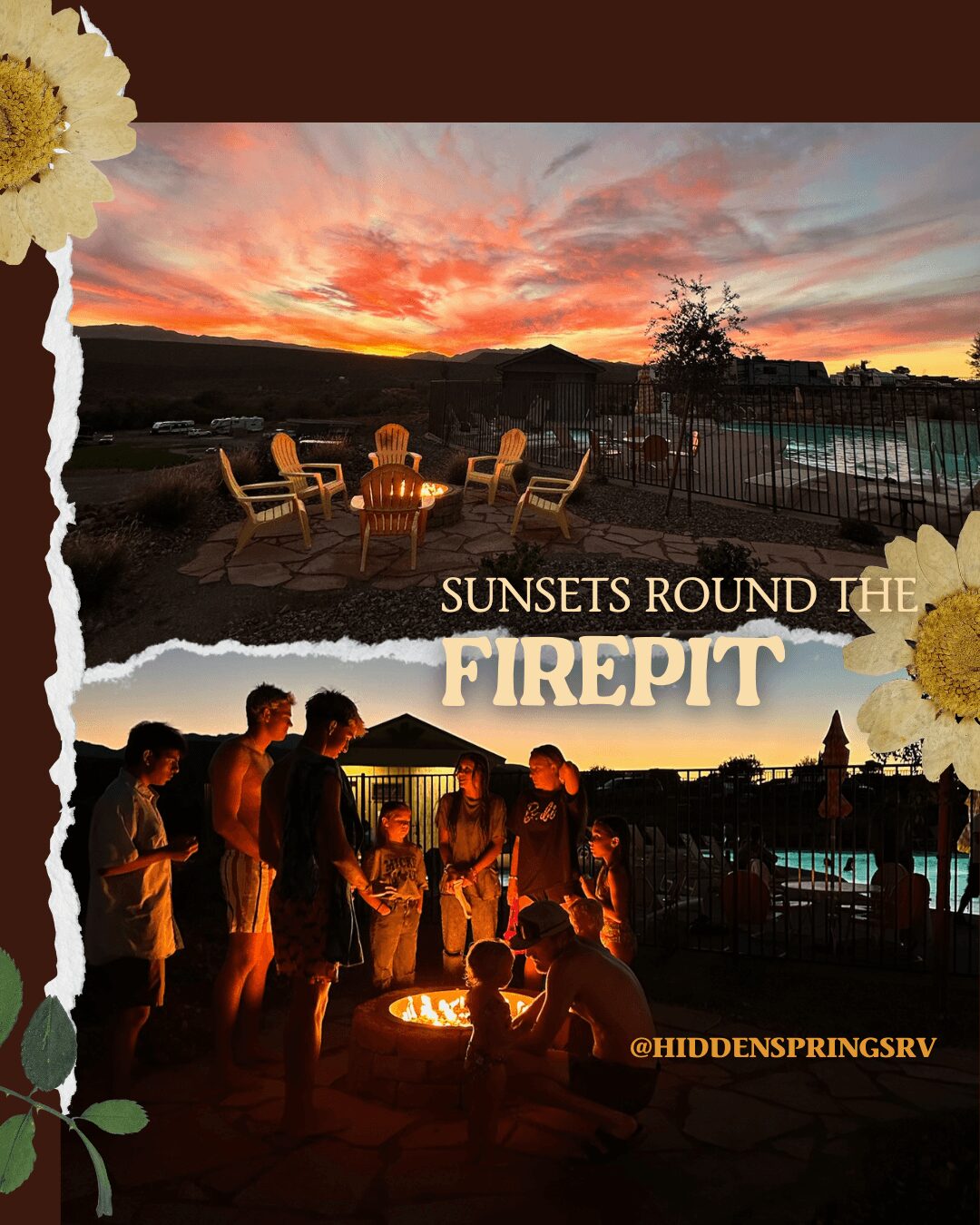 Group of people around a firepit during sunset, with a pool and landscape in the background.
