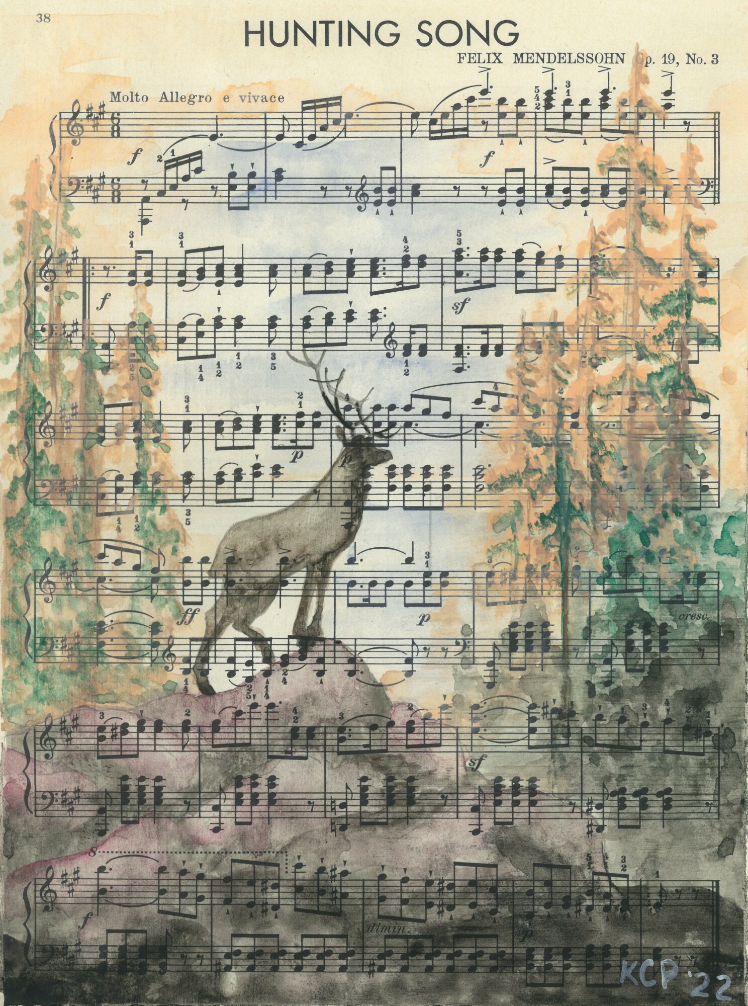 Sheet music titled 'Hunting Song' with a watercolor forest scene and a deer in the center.