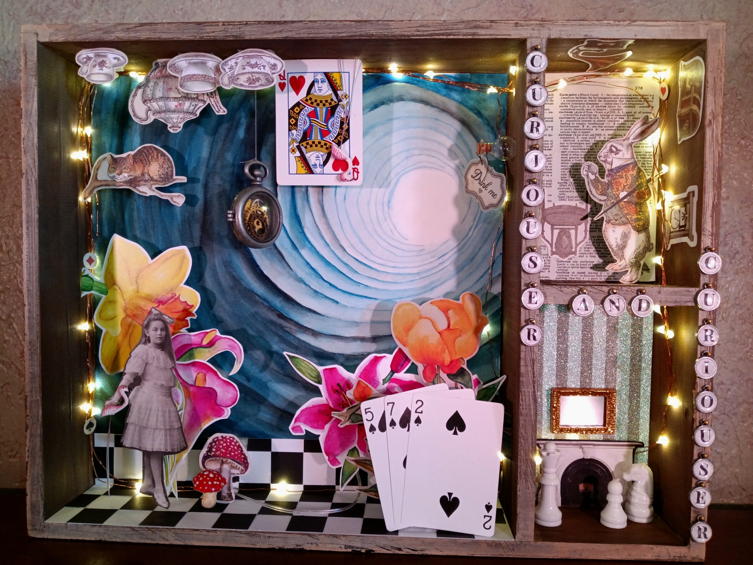 Board game with clouds, playing cards, a girl, flowers, and game pieces, with a swirling background and lights.