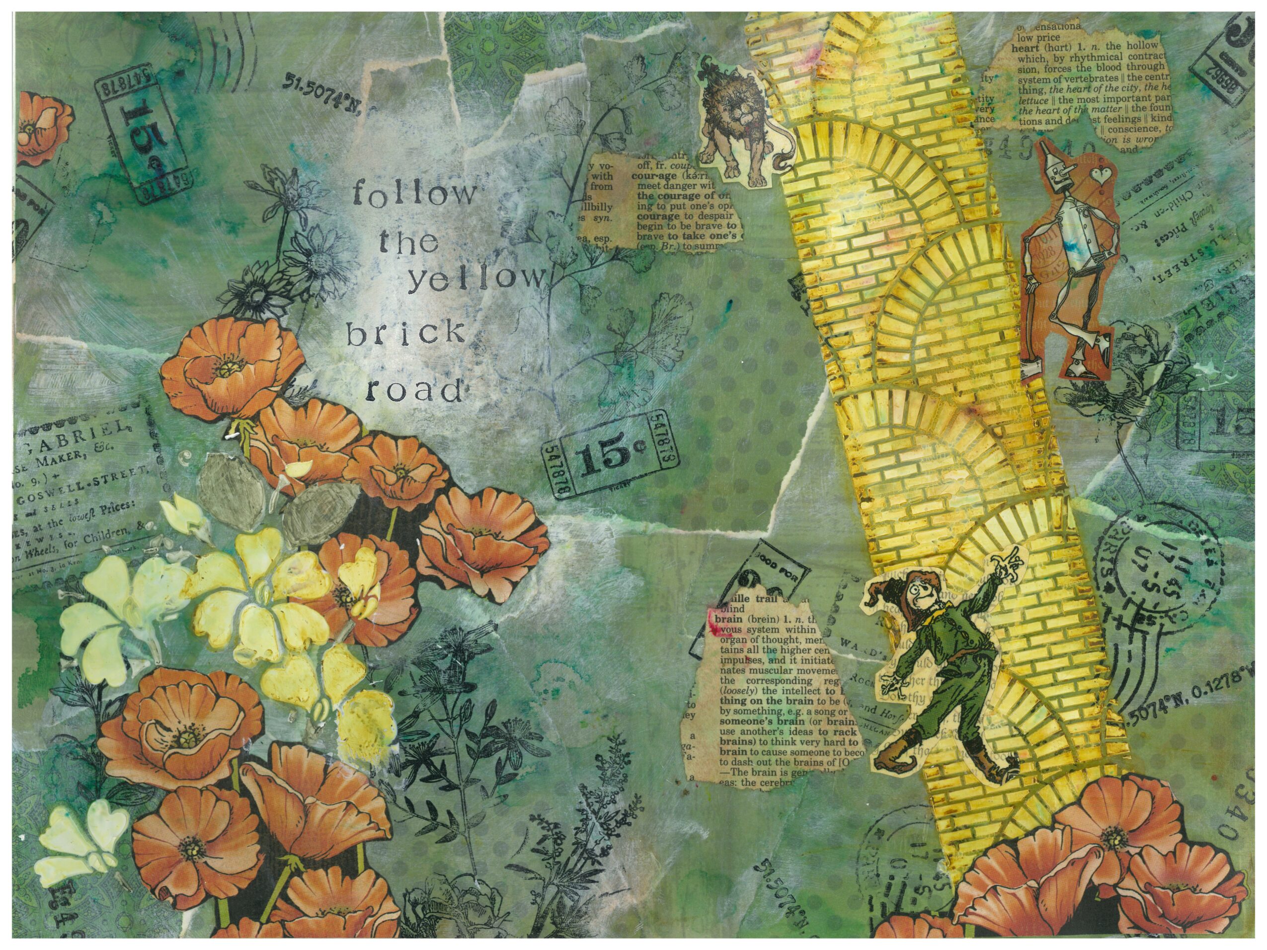 Illustration with flowers, yellow bricks, and a person climbing, with text and stamps in the background.