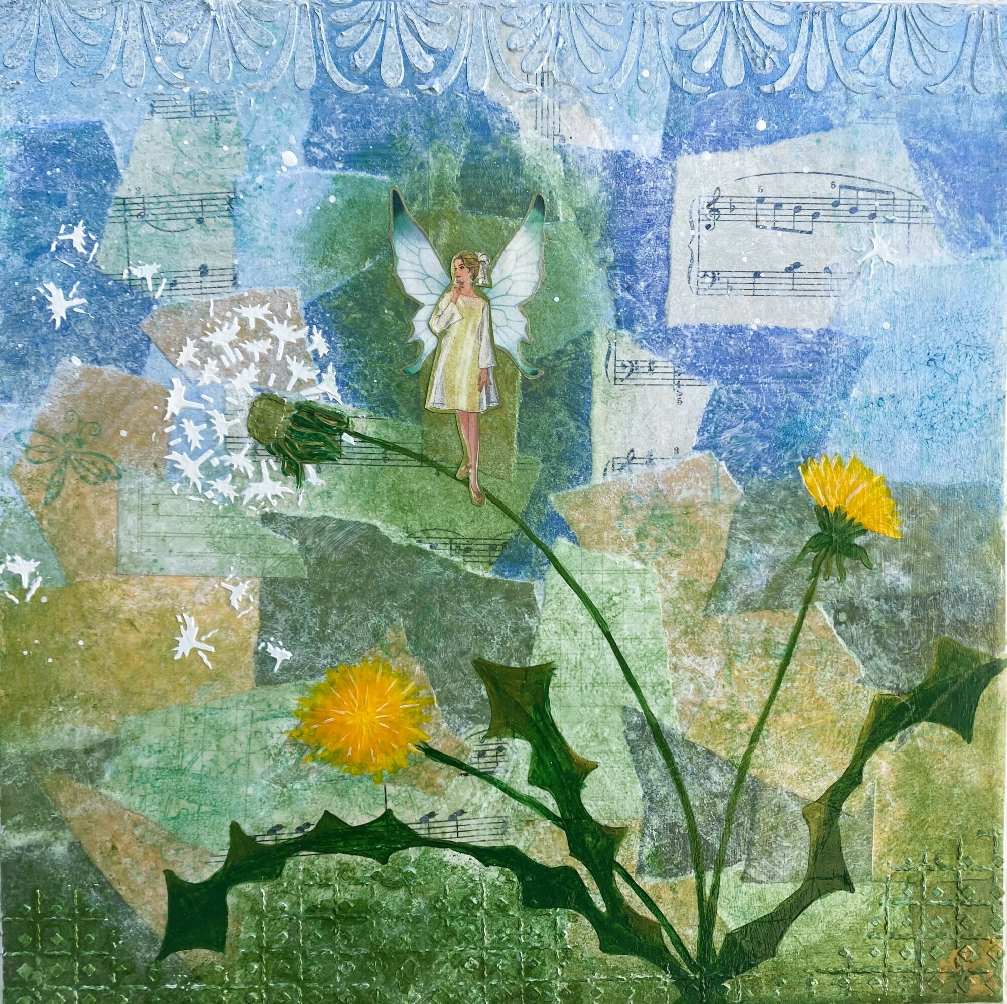 Fairy with wings standing among abstract background, yellow flowers with green leaves in foreground, musical notes, and snowflake patterns.