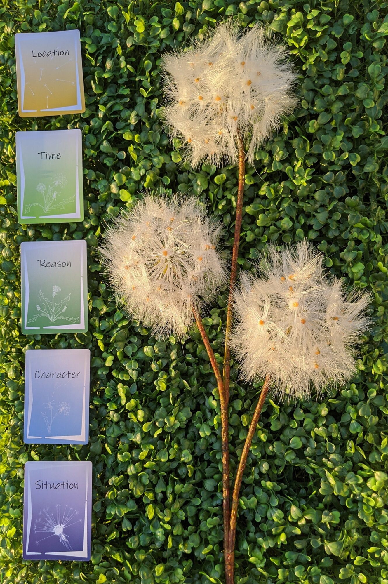 Three dandelions with fluffy seed heads on green leafy background, four color-coded labels on left side, from top to bottom: Location, Time, Reason, Character, Situation.