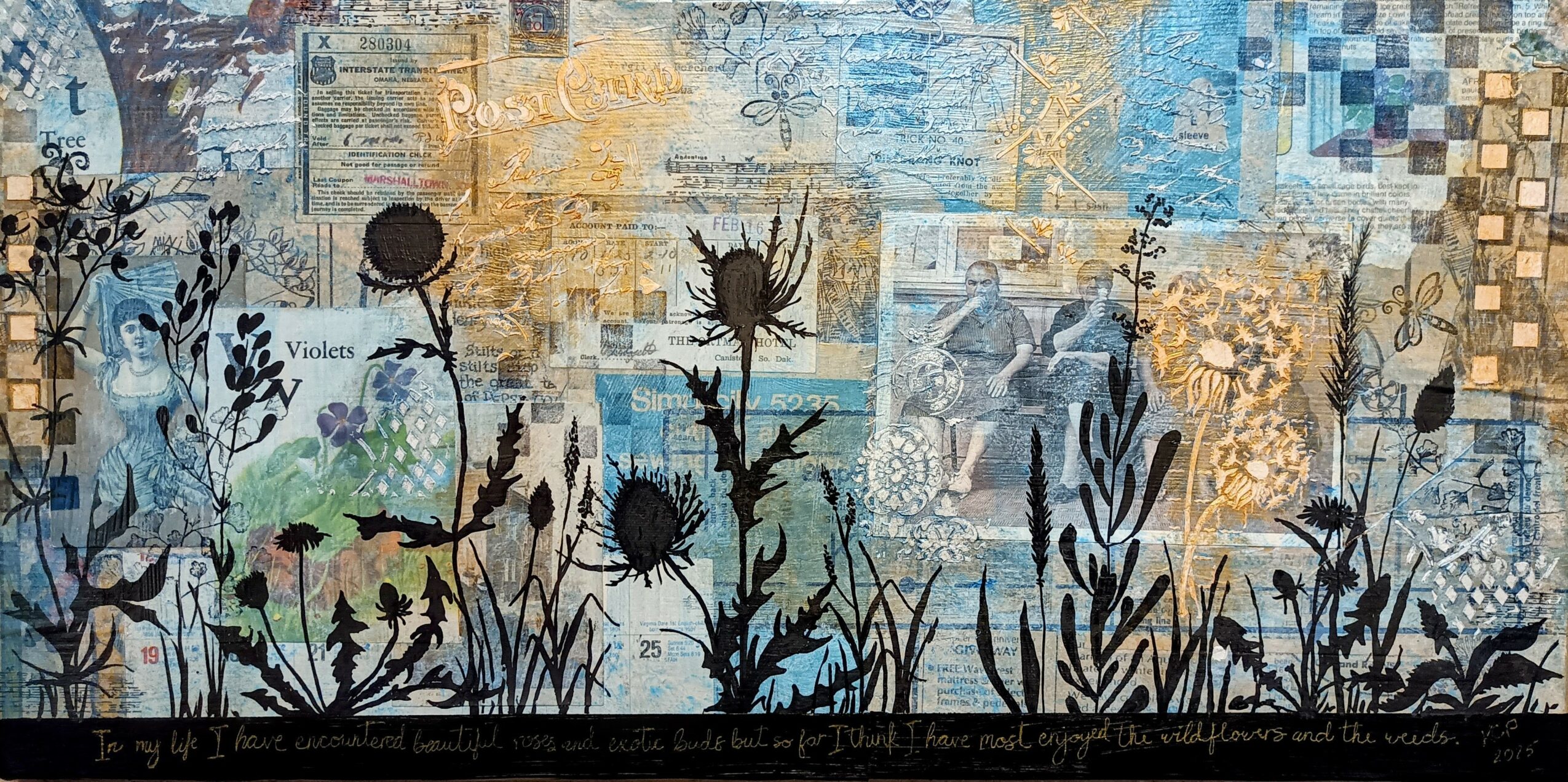 Silhouette of various plants and flowers against a textured, colorful background with abstract patterns.