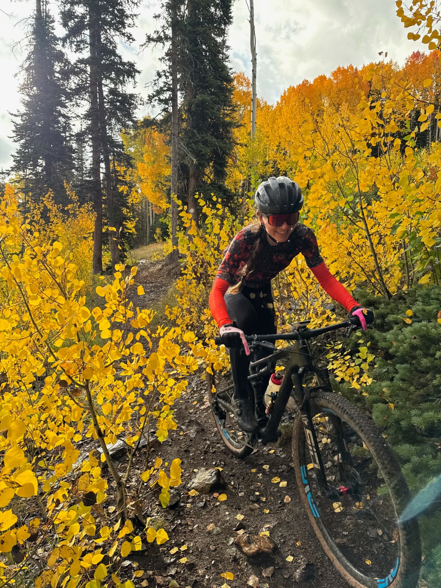 Person riding a mountain bike on a trail surrounded by yellow autumn trees, wearing a helmet and gloves.