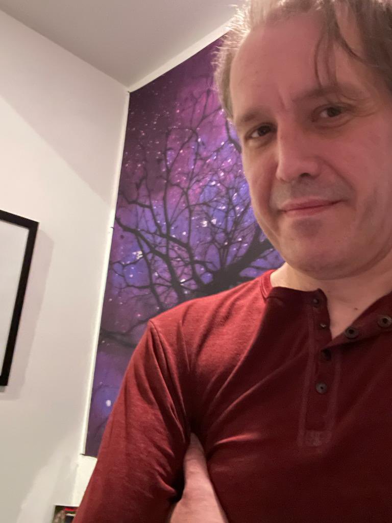 A man with light hair and a slight smile, wearing a maroon shirt, standing in front of a purple and black tree mural.