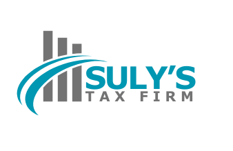 Logo for Suly's Tax Firm with stylized blue swoosh and gray bars, black background.