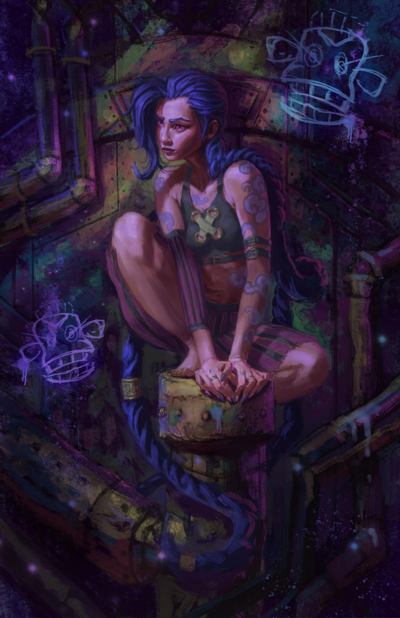 A woman with blue hair sits on a box in a dark, graffiti-covered room, surrounded by neon drawings and colorful lights.