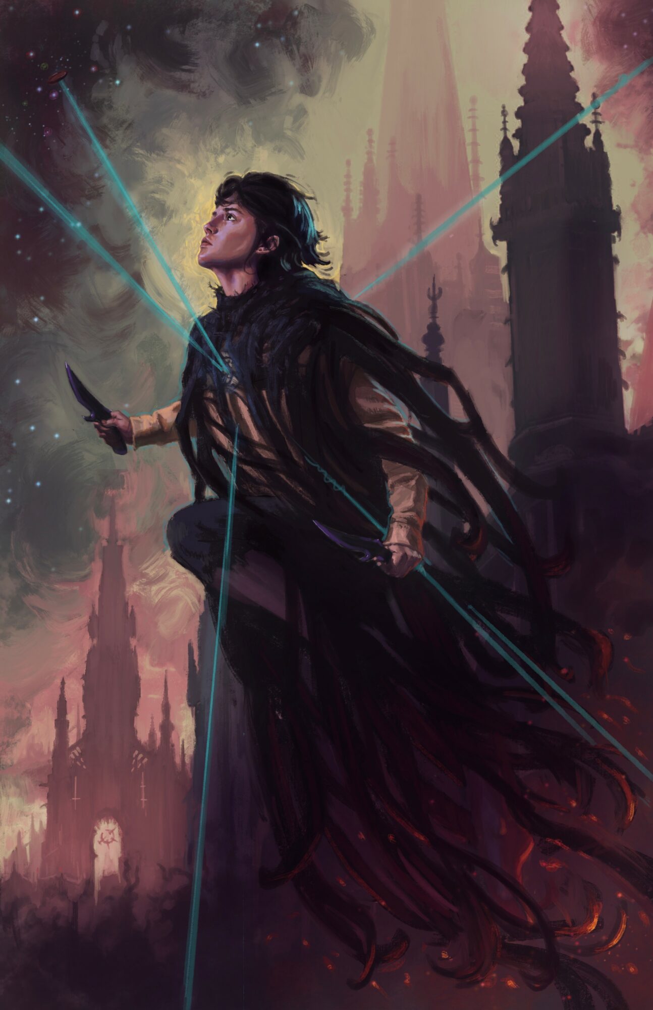 A person with dark clothing and long flowing cape stands in front of a gothic castle, with colorful streaks in the sky.