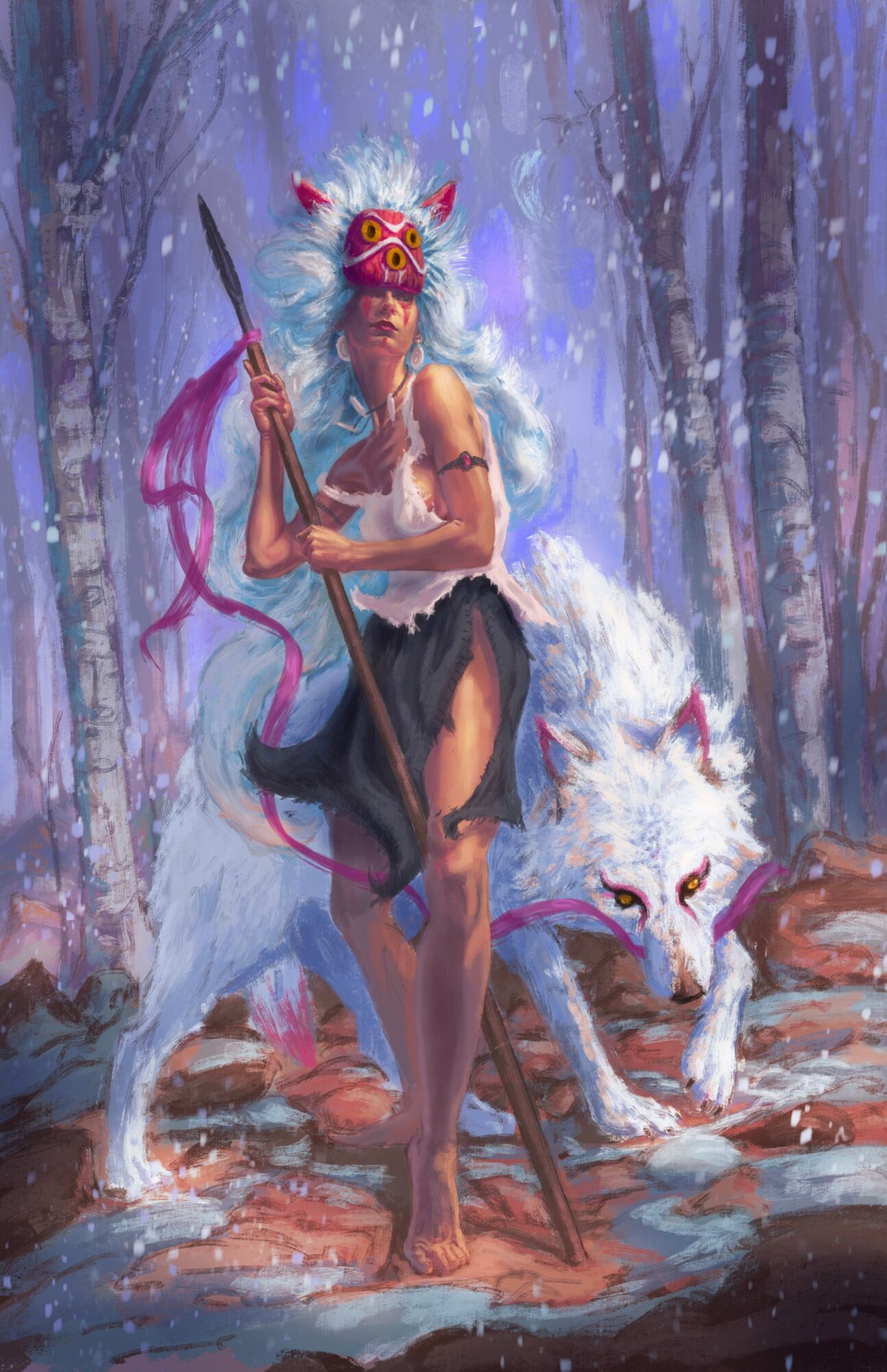 A woman wearing a mask and holding a staff stands in a snowy forest with a large white wolf beside her.