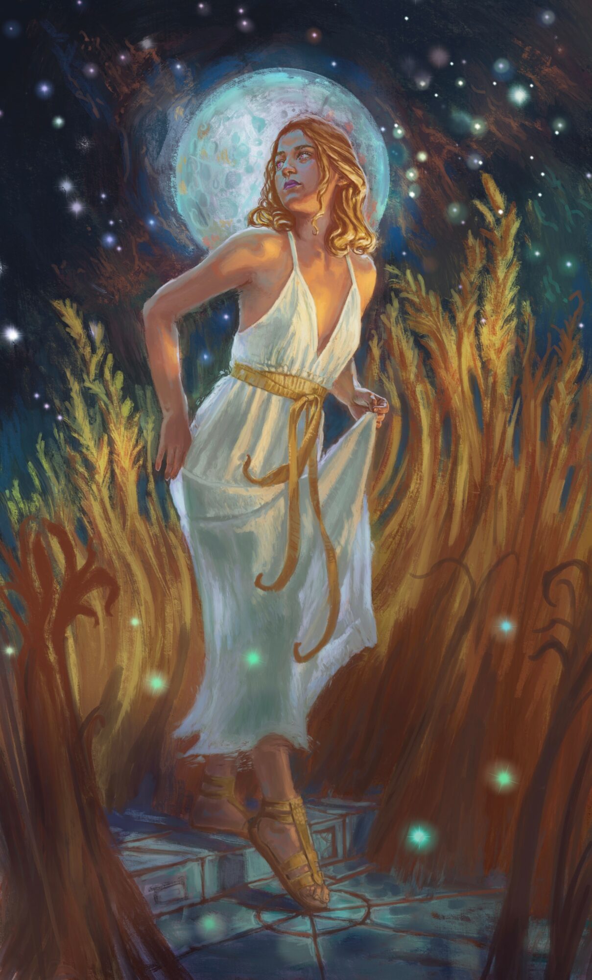 Woman in white dress standing in wheat field with full moon and starry sky behind her, glowing orbs around her, wearing boots.