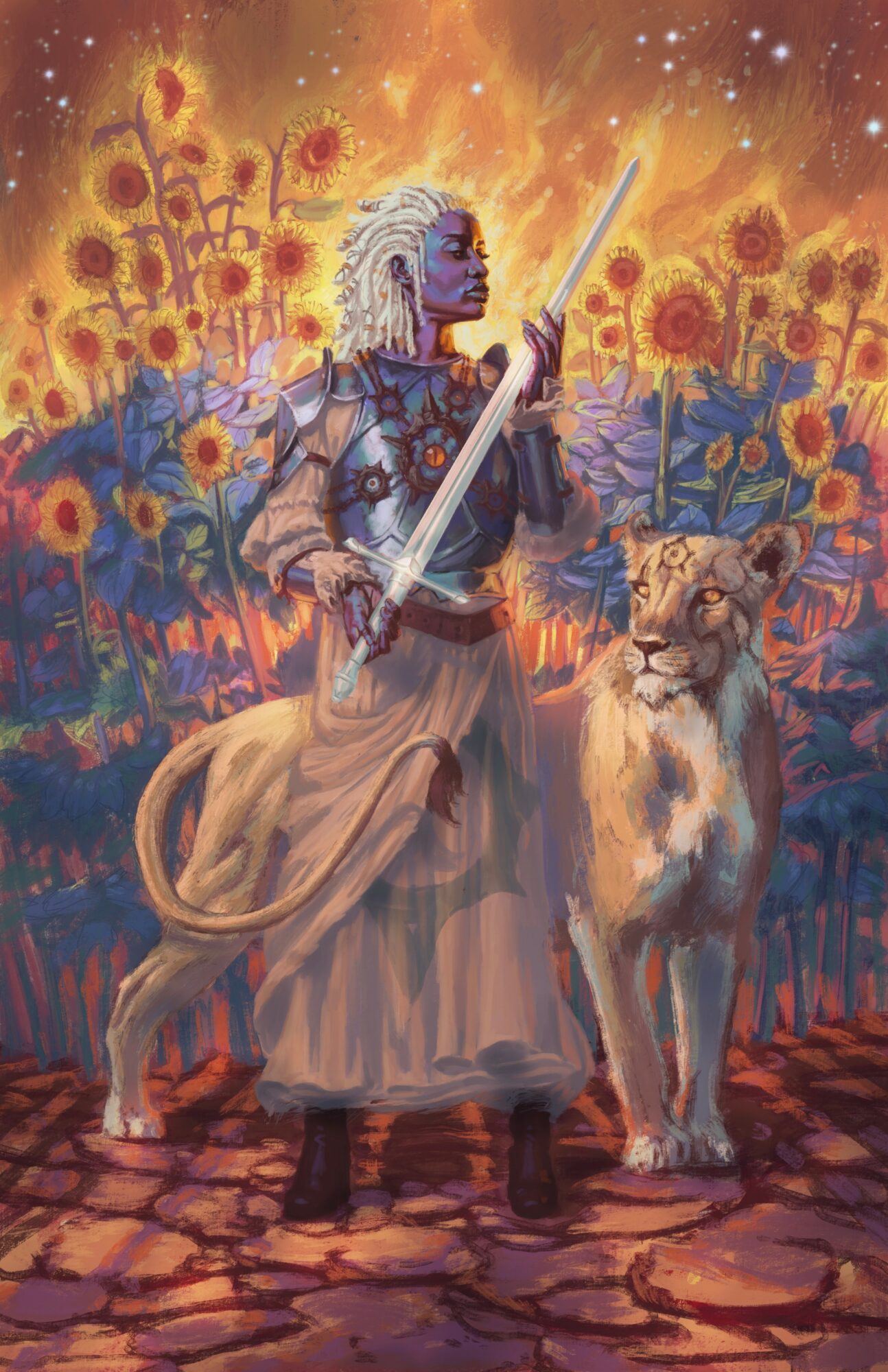A person with white hair and dark skin holds a sword and stands beside a lion in a vibrant, colorful landscape with flowers.