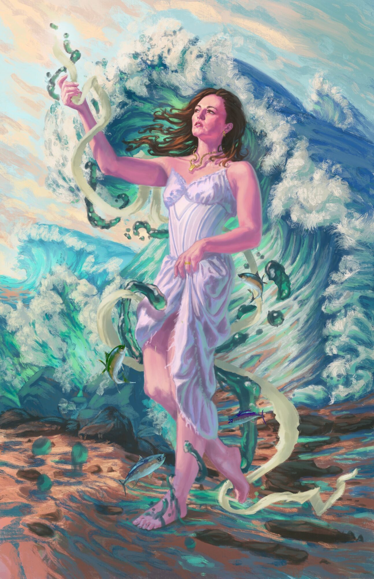 A woman in a flowing dress stands among waves with fish and water splashes around her.