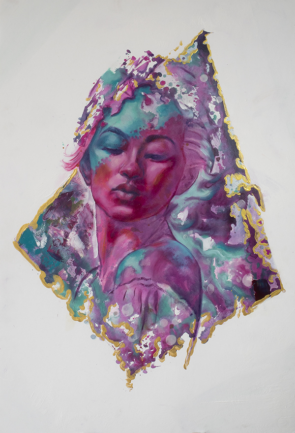 Abstract painting of a woman's face with vibrant colors and fluid brushstrokes, surrounded by gold accents.
