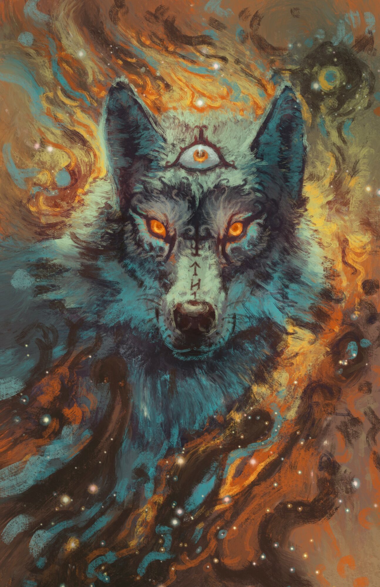 A wolf with three eyes surrounded by swirling cosmic colors and stars, blending fantasy and space themes.