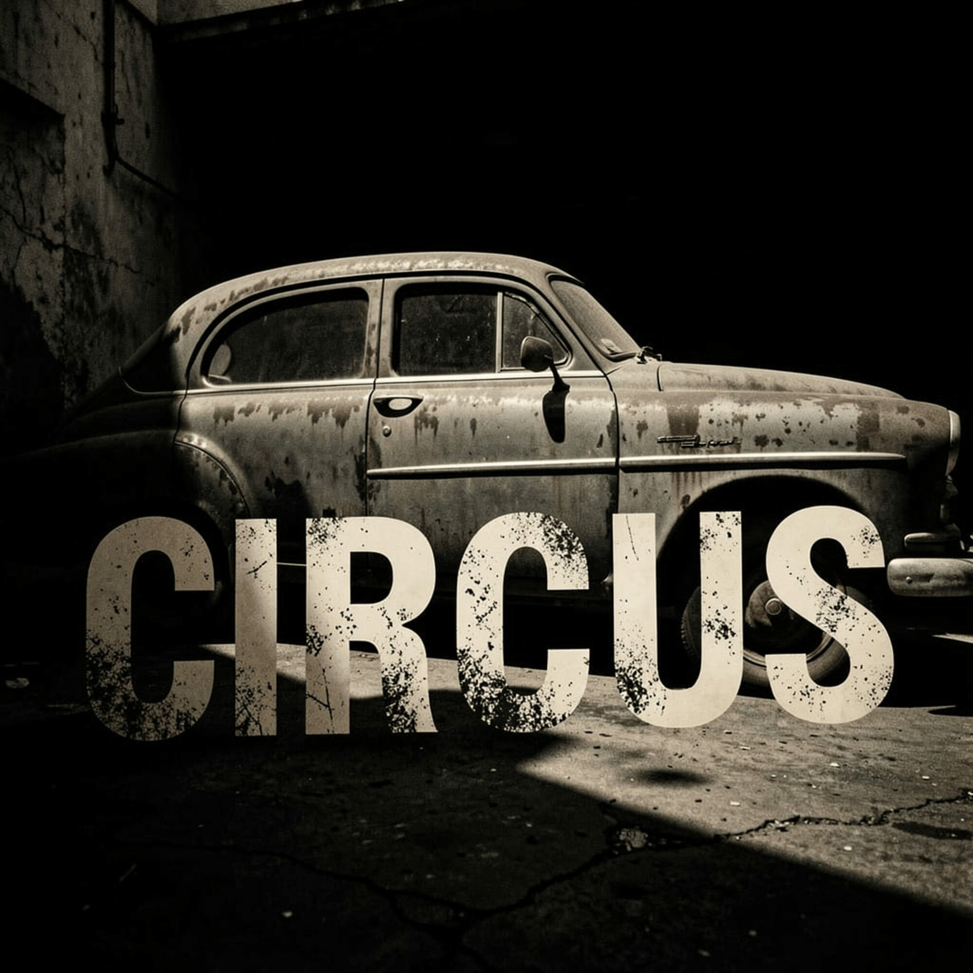 Old, rusty car in a dark, abandoned space with the word CIRCUS in large, distressed letters.