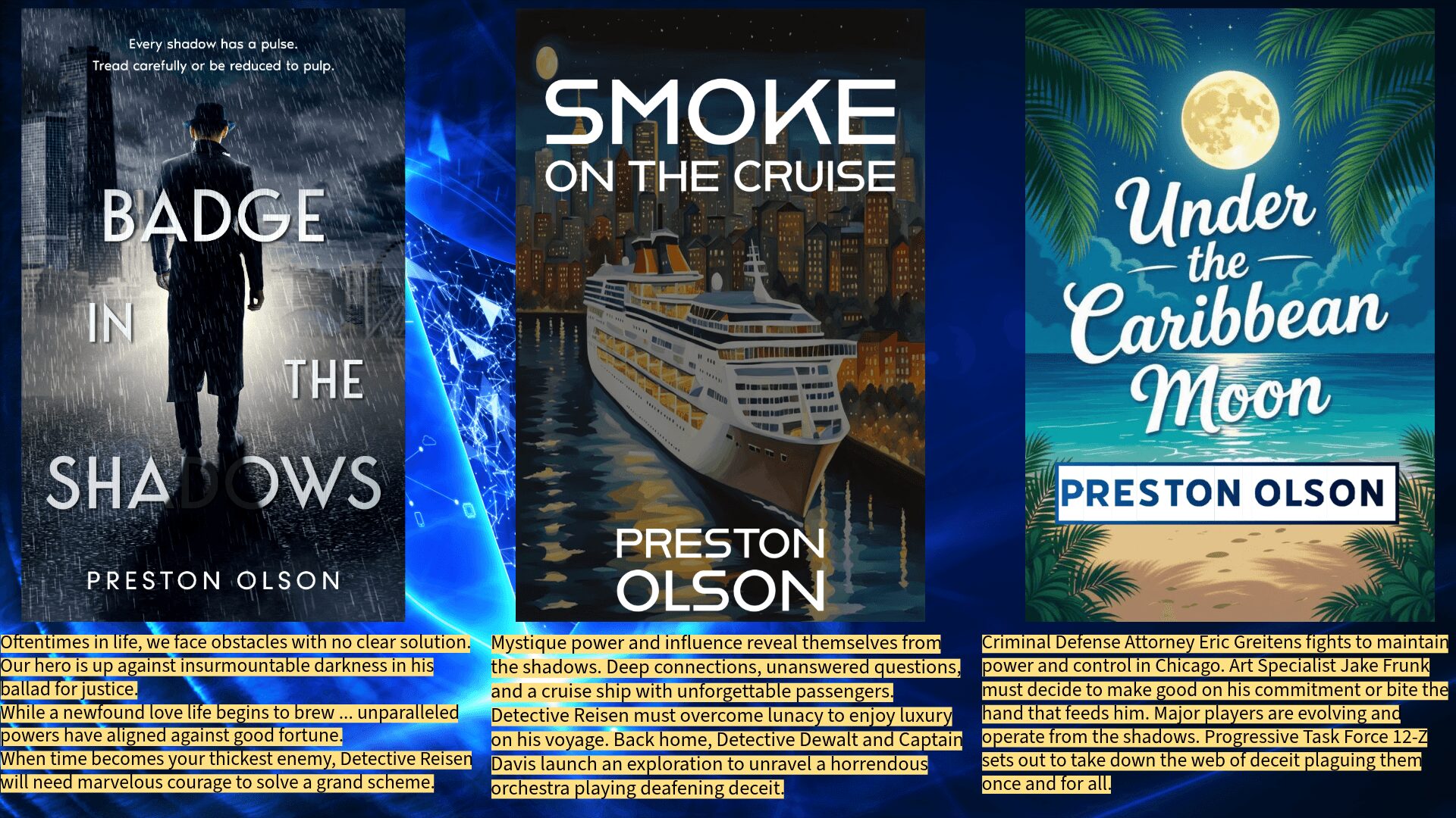 Three book covers: a man in shadow, a cruise ship at night, and a moonlit Caribbean scene with palm trees.