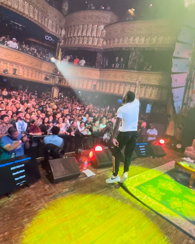 Performer on stage facing a large audience in a theater with ornate balconies, stage lights, and sound equipment.