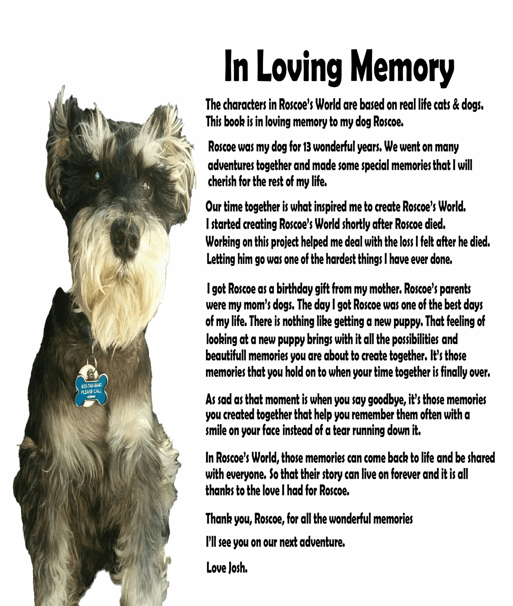 A small dog with a scruffy coat and pointed ears, looking at the camera. Text about loving memory and a farewell message.