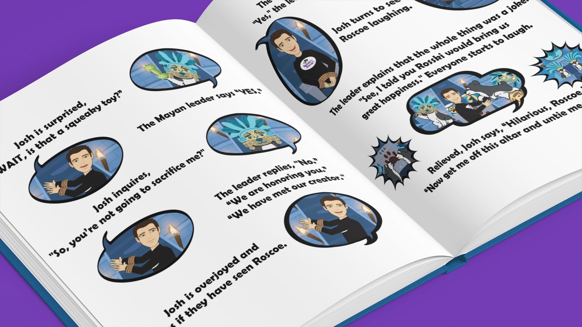 Open book with illustrations of a person and speech bubbles, explaining a story or instructions, on a purple background.
