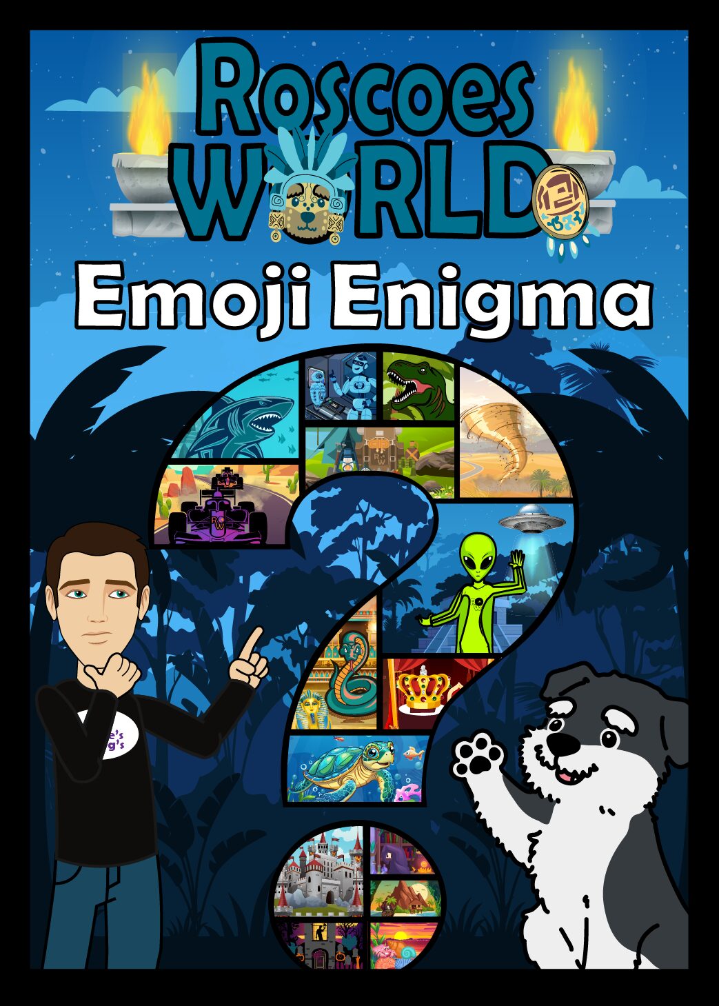 Book cover titled 'Roscoes World Emoji Enigma' with a large number 2, a person in a tuxedo, an alien, and a dog, with candles and a starry background.