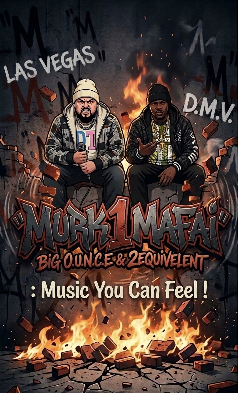 Two men sitting on chairs with fire and destruction in the background, text includes 'Las Vegas' and 'Music You Can Feel!'.