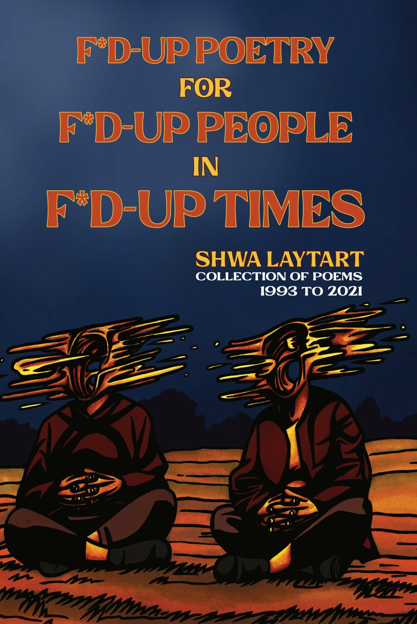 Book cover with two people sitting on the ground, wearing headgear, against a dark background with orange text.