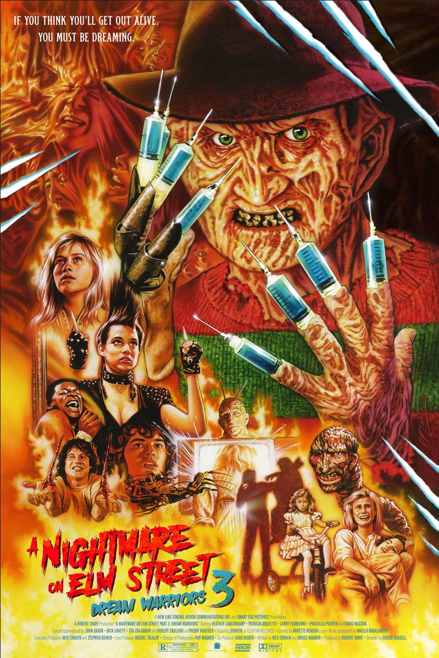 Freddy Krueger with blades on his glove, children and adults in a fiery scene, movie title 'Nightmare on Elm Street 3' in red and yellow.