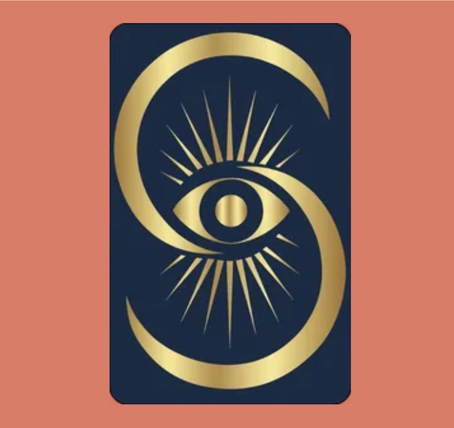A dark blue rectangle with a gold crescent moon, eye, and radiating lines on a pink background.