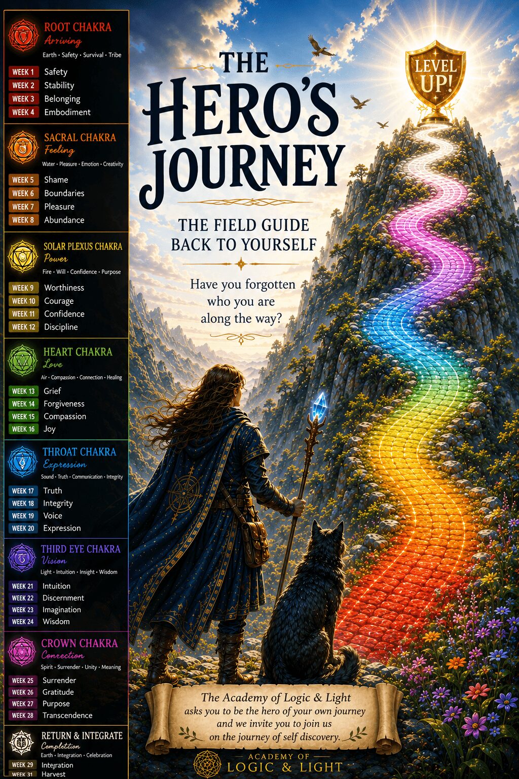 A person with a dog looks at a colorful, glowing path leading to a mountain with a bright sky. Text about a hero's journey.