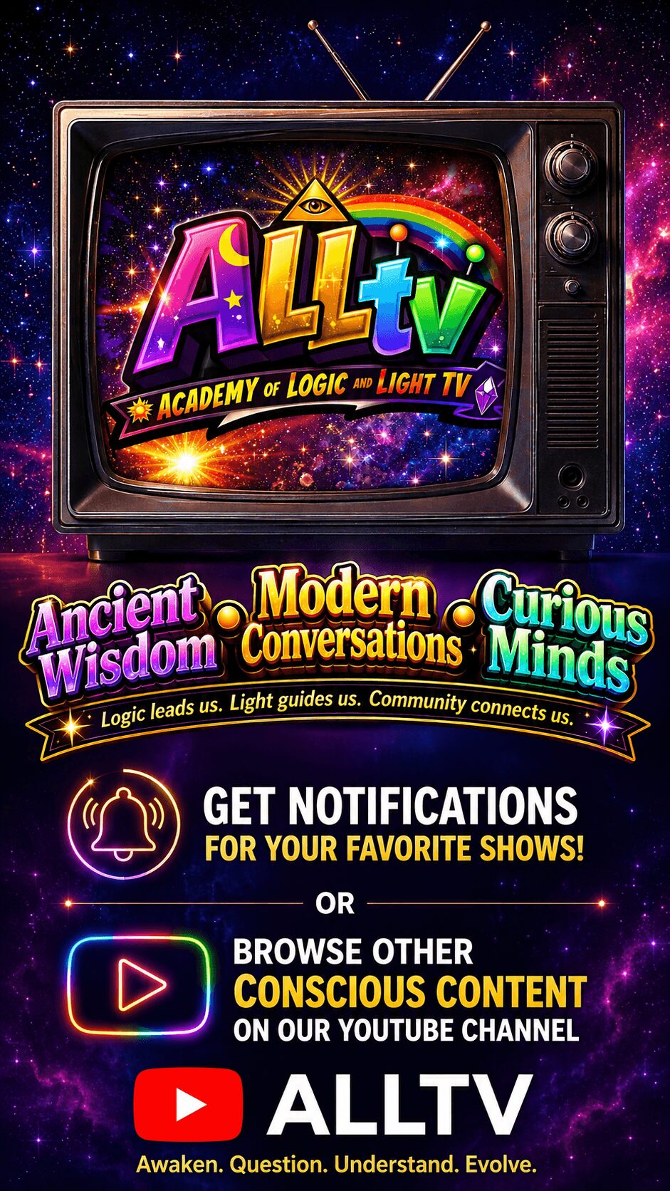 Colorful vintage TV screen displaying the AllTV logo and channel name, with text about notifications and content options below.