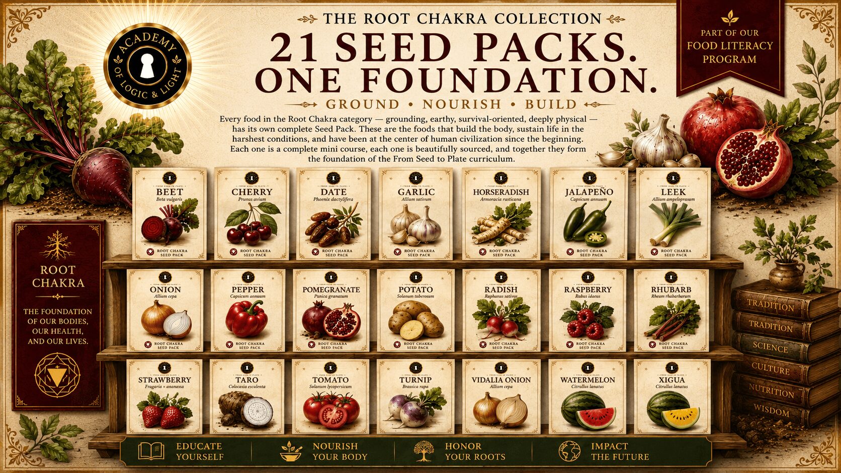 Display of 21 seed packs with various plant images, pomegranates, and a wooden stack, with text about seed collection and foundation.