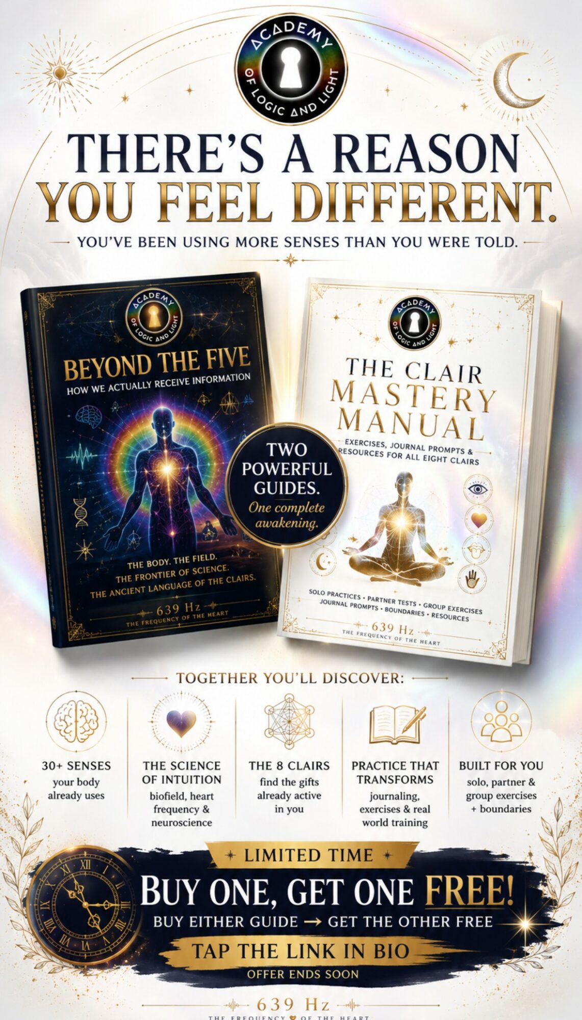 Books titled 'Beyond the Five' and 'The Clair Mastery Manual' displayed with promotional text and icons.