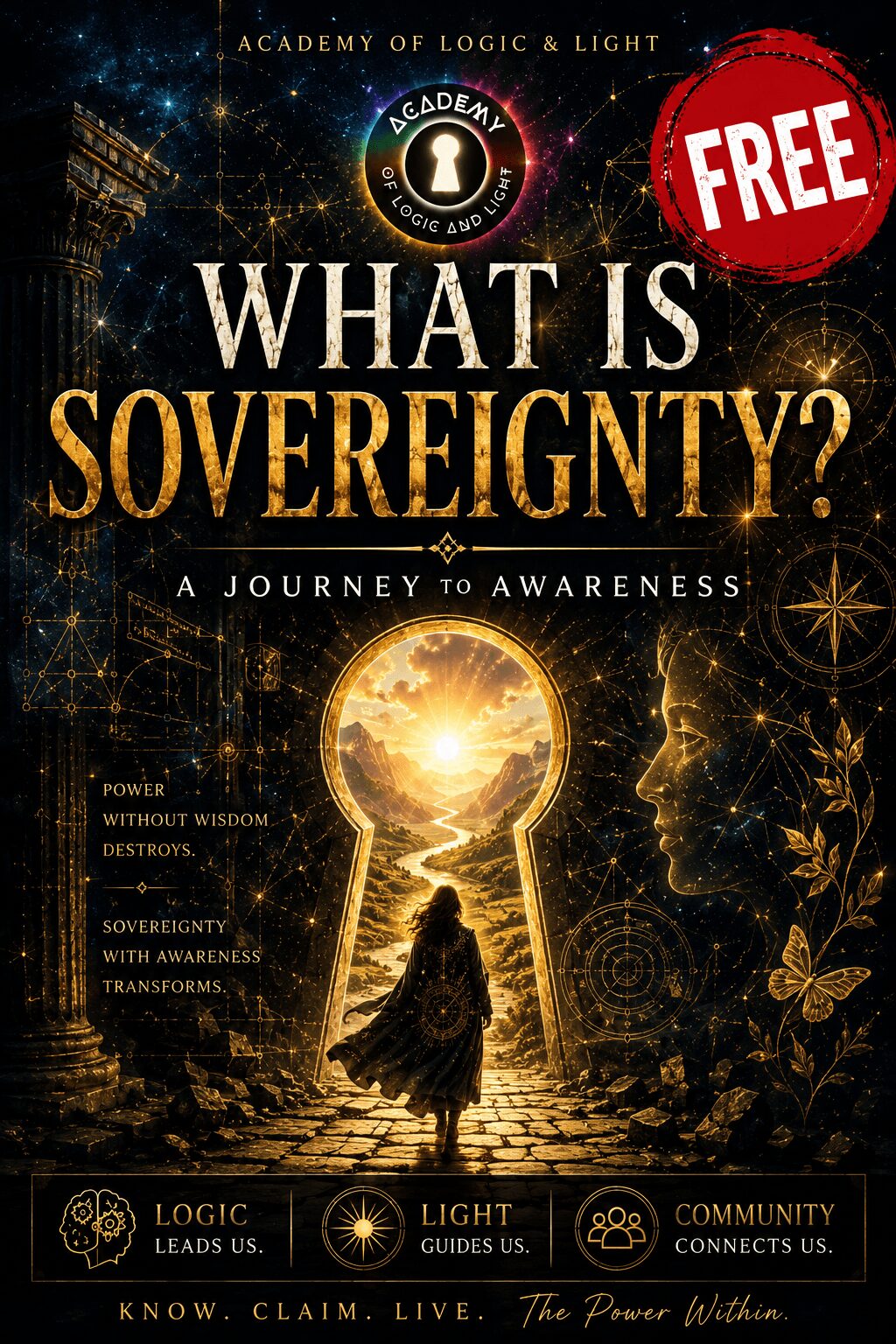 Book cover titled 'What is Sovereignty?' with a glowing keyhole and a person holding a light, surrounded by celestial symbols.