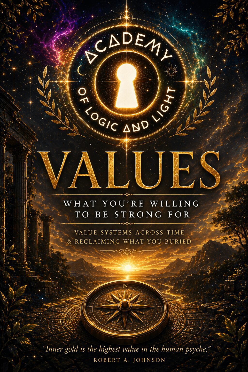 Golden emblem with a keyhole, surrounded by laurel leaves, above the word 'VALUES' and a landscape with trees and a glowing horizon.