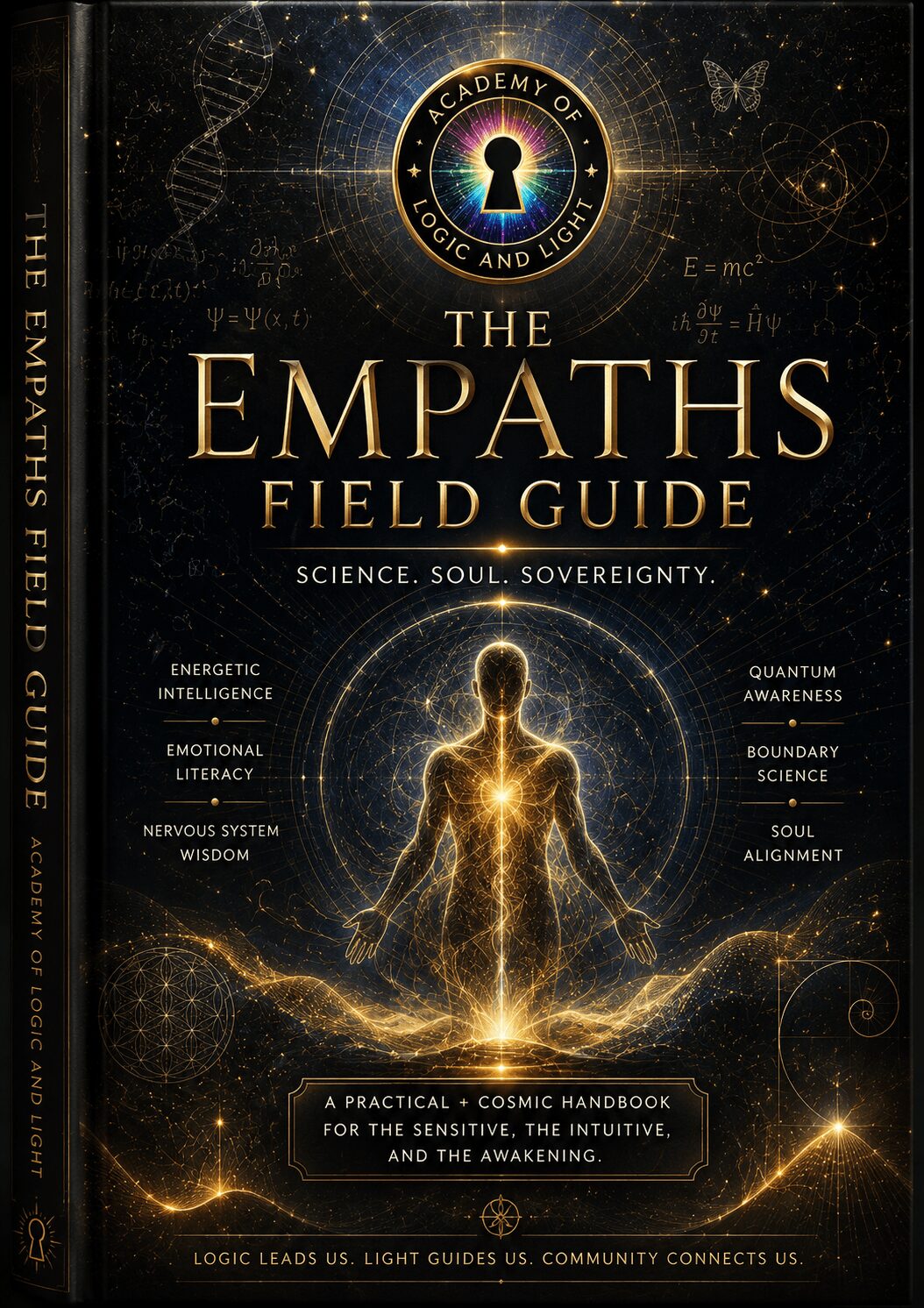 Book cover titled 'The Empaths Field Guide' with a human figure emitting light, surrounded by scientific and mystical symbols.