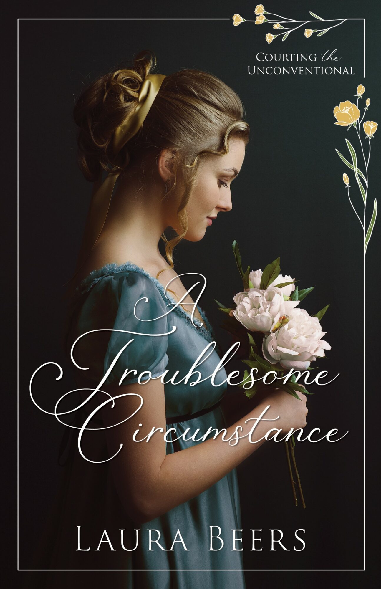 Profile of a woman holding a bouquet of flowers, with decorative floral elements and text overlay.