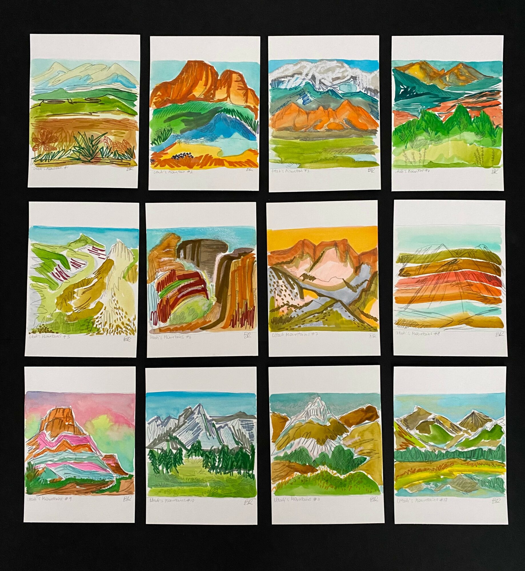 Collection of twelve landscape paintings featuring mountains, hills, and colorful scenery, arranged in a 3x4 grid.