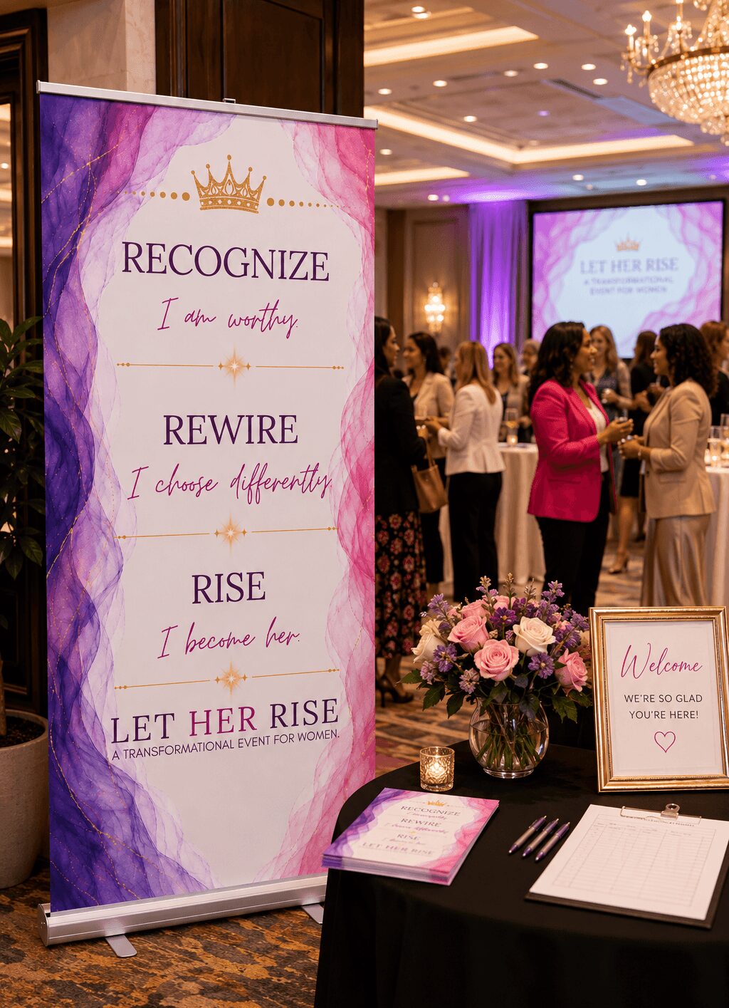 Event banner with purple and pink watercolor design, text about recognizing, rewiring, and rising, and a floral arrangement on a table.