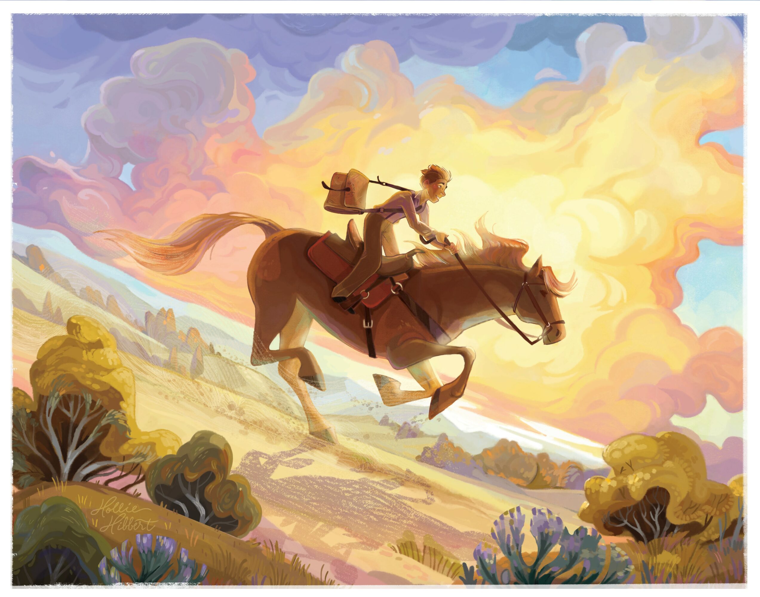 Person riding a horse through a colorful landscape with a sunset sky, trees, and hills in the background.