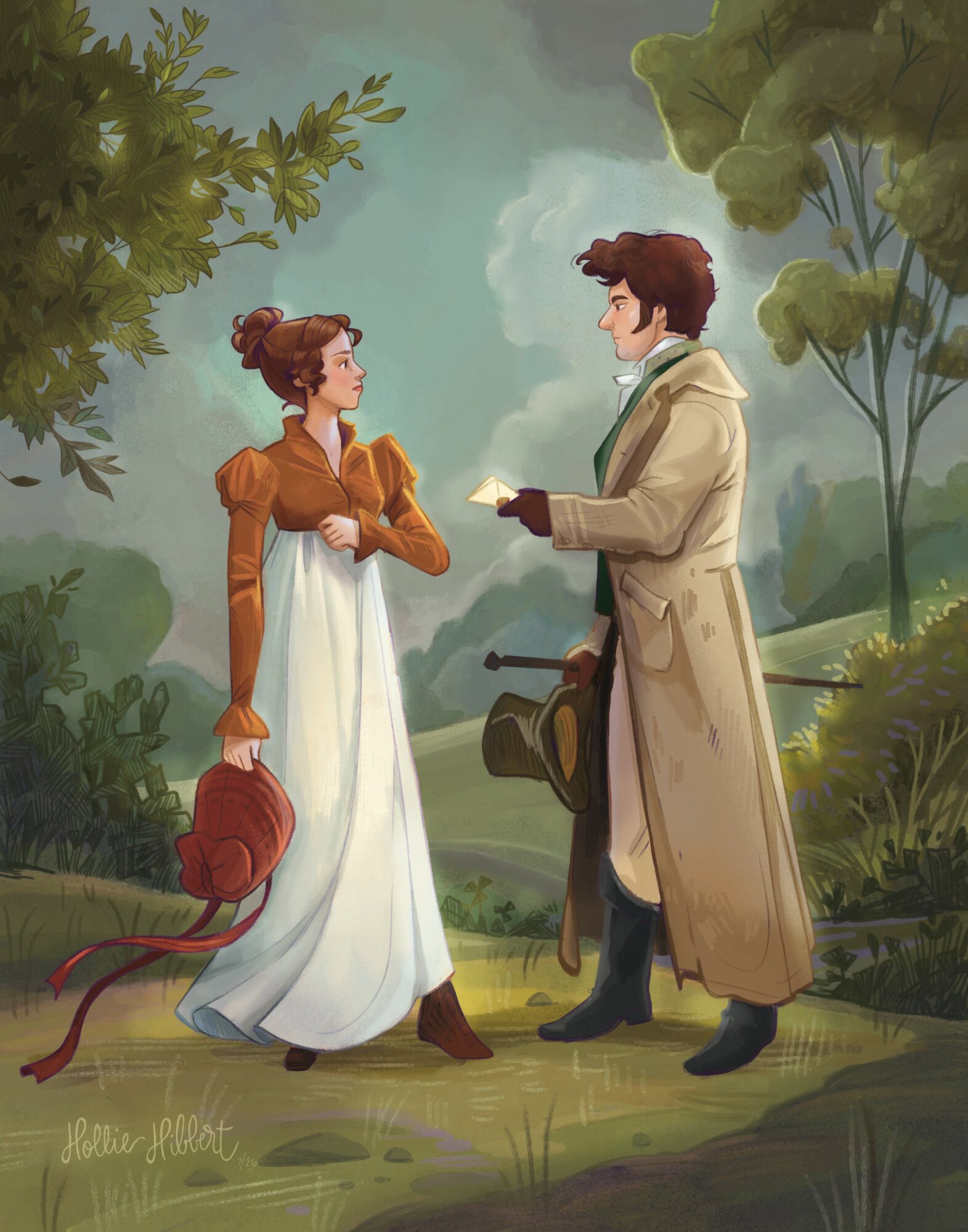 A man and woman in historical clothing converse outdoors with trees and greenery in the background.