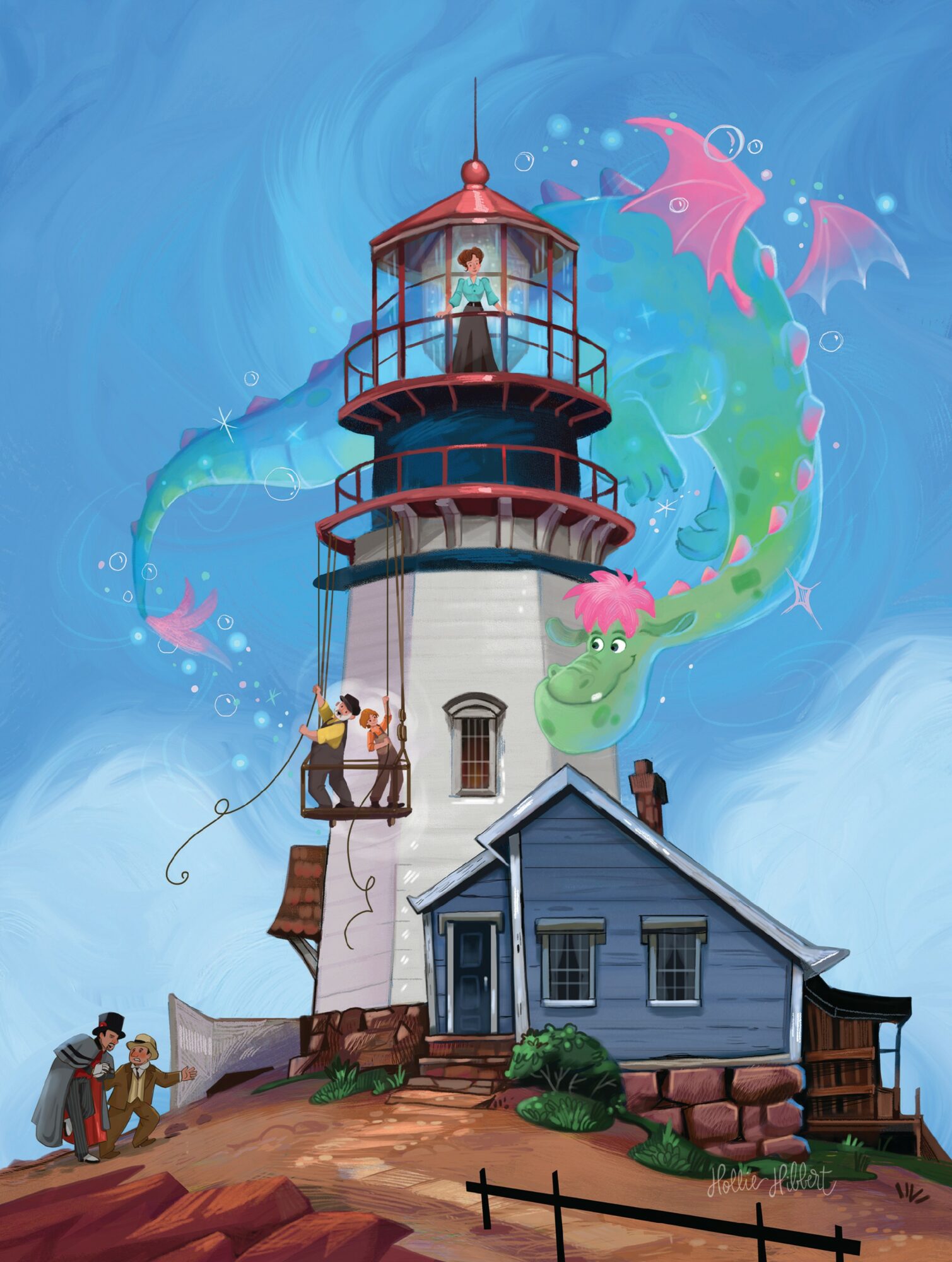 Lighthouse with a person standing inside, colorful dragons in the sky, and a house with people outside, under a blue sky.